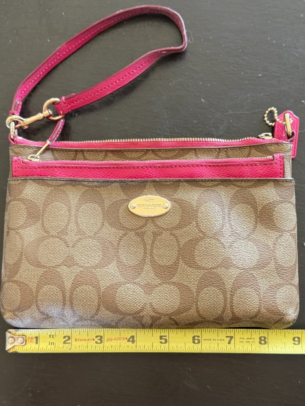 Coach Signature Wristlet Brown Monogram Pink Trim Zip Clutch